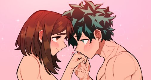 1boy 1girls artist_name blush blushing brown-haired_female brown_eyes brown_hair canon_couple couple eye_contact female freckles green-haired_male green_eyes green_hair holding_hands illustration implied_nudity intimate izuku_midoriya kissing_hand looking_at_another male my_hero_academia no_visible_genitalia ochako_uraraka romantic romantic_couple scar scarred scars_on_arm straight straight_hair voidloop watermark wholesome