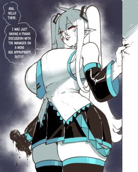 almonde_jagger anger_vein angry bare_shoulders big_breasts black_sclera bloodlight_(nyantcha) breasts colored_sclera cosplay cowboy_shot crack cracked_wall detached_sleeves dialogue english_text false_smile female hammer hand_on_wall hatsune_miku_(cosplay) hi_res holding holding_hammer horizontal_pupils huge_breasts implied_murder long_hair looking_at_viewer mature_female miniskirt monster_girl narrowed_eyes necktie necktie_overhang parted_lips partially_colored pointy_ears red_eyes scar scar_across_eye shirt skirt sleeveless sleeveless_shirt smile smiling smiling_at_viewer solo speech_bubble talking_to_viewer thiccwithaq thick_thighs thighhighs thighs twintails vocaloid wide_hips zettai_ryouiki