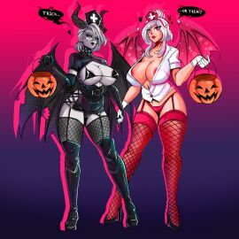 2girls black_eyeliner black_sclera breasts character_request cleavage costume deathblooms demon demon_girl demon_horns demon_wings female fishnet_stockings goth halloween holding_hands large_breasts latex_boots lavender_hair lavender_skin multiple_females multiple_girls nipple_slip nurse nurse_outfit pointy_ears pumpkin_basket purple_eyes revealing_outfit succubus trick_or_treat virtual_youtuber vtuber