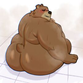 1:1 anthro ass bear belly ben_bigger big_ass big_butt blush bodily_fluids brown_body brown_fur embarrassed fur hi_res jewelry kai_lionbear looking_at_viewer looking_back male male_only mammal mihoyo necklace nude overweight rear_view sitting solo sweat zenless_zone_zero