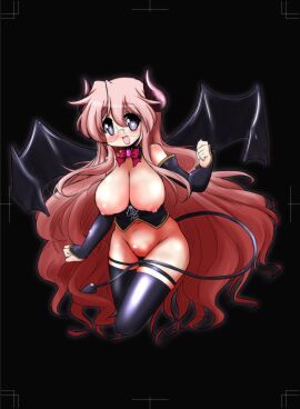 1girls :d armwear big_breasts black_background blush breasts breasts_out corset demon demon_girl demon_horns demon_tail demon_wings erect_nipples female glasses heart-shaped_pupils horns lucky_star miyuki_takara mizushima_(p201112) nipples no_bra no_panties pink_hair pink_nipples ribbon simple_background smiling_at_viewer solo succubus thighhighs wings