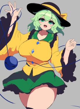 black_hat breasts buttons collarbone curvy diamond_button female green_hair green_skirt grey_background hat hat_ribbon heart heart_of_string highres koishi_komeiji large_breasts long_sleeves looking_at_viewer moriforest1040 namako_daibakuhatsu_(style) open_mouth ribbon shirt short_hair simple_background skirt solo takorin_style thighs third_eye_(touhou) touhou wide_hips wide_sleeves yellow_ribbon yellow_shirt