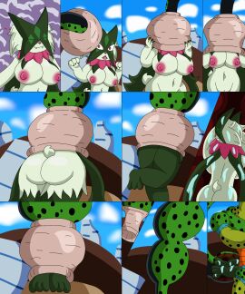 absorption_vore anthro anthro_female ass breasts cell_(dragon_ball) dragon_ball_z female furry male meowscarada nude pokemon pokemon_(species) swallowing tail_vore
