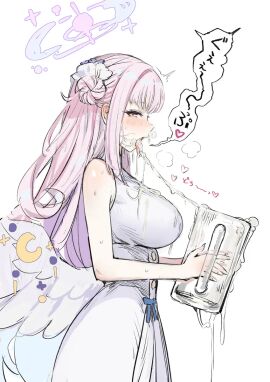 1girls 2d big_hips big_thighs blue_archive blush burp burping cum_burp cum_on_breasts cum_on_clothes cum_on_face cum_overflow cum_trail drinking drinking_cum drinking_glass excessive_cum eye_contact female female_only fully_clothed halo heart huge_breasts japanese_text looking_at_viewer mika_(blue_archive) mug open_mouth pale-skinned_female pale_skin pink_hair snot snot_bubble solo soystarr18 sweat sweating text tongue_out tremble_spikes wings yellow_eyes
