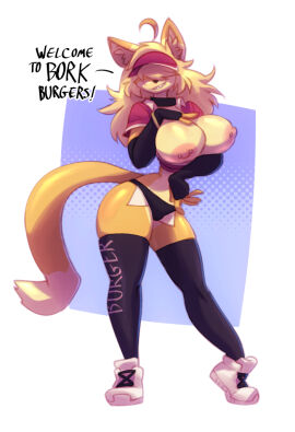 1girls bare_thighs big_breasts bigdad blonde_hair breasts clothed clothing color english_text female female_focus female_only fingerless_arm_sleeves footwear fox fox_ears fox_girl fox_tail furry furry_female furry_only hair_over_eyes hi_res large_breasts long_hair nipple_piercing nipples original original_character panties pierced_nipples piercing sneakers solo solo_female tagme tail text thick_thighs thighhighs