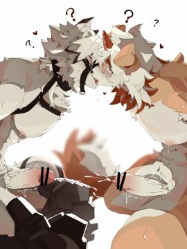 2024 absurd_res anthro arknights blush bodily_fluids canid canine canis censored censored_genitalia censored_penis crossover cum cybernetic_leg cybernetic_limb domestic_dog duo ejaculation fur gay genital_fluids genitals hair harness hi_res humanoid_genitalia humanoid_penis hung_(arknights) hypergryph kissing kneeling leather leather_harness long_hair male male/male male_only mammal mihoyo penis pubes question_mark ro_ru39 simple_background studio_montagne tail tan_body tan_fur von_lycaon white_body white_fur white_hair wolf yaoi zenless_zone_zero