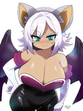 1girls 2d animal_ears background bat_wings blue_eyes blush breasts busty cleavage cleavage_overflow color digital_media_(artwork) eyebrows eyebrows_visible_through_hair eyelashes eyeshadow female front_view fruitheadart gijinka gloves hair_accessory hand_on_hip healerart hourglass_figure huge_breasts human_rouge humanized humanoid large_breasts latex leotard long_gloves looking_at_viewer mobian mobian_(species) mobian_bat no_bra rouge_the_bat sega shaded short_hair smile smiling_at_viewer solo solo_female solo_focus sonic_(series) sonic_adventure_2 sonic_the_hedgehog_(series) spandex tan_body thick_thighs thigh_gap thin_waist white_background white_hair wide_hips wings