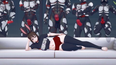 1girls 5girls brown_hair brown_hair_female bunny_ears bunny_girl clothed_female couch erect_penis faunus female grimm_(rwby) hand_on_hip indrick_[artist] laying_on_side long_hair long_hair_female male monster monster_boy monster_cock nude_male penis rwby thighs velvet_scarlatina
