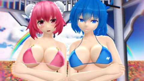 2024 2girls 3d bikini blue-haired_female blue_bikini_top blue_eyes blur blurry_background blush buns clouds duo_female female flower_field hairpin hati_yukkuri_mmd human kasen_ibaraki light-skinned_female light_skin looking_at_viewer mmd outside pink-haired_female pink_bikini_top pink_eyes rainbow seiga_kaku sky swimsuit ten_desires touhou wild_and_horned_hermit