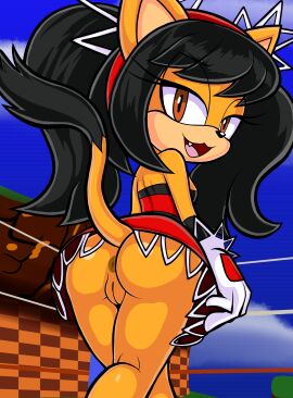 1girls 2020s 2024 absurd_res accessory anthro anus ass black_hair blackmore brown_eyes cat_ears cat_girl cat_tail catgirl clothing cloud dress fang felid feline felis female female_focus female_only fighting_ring fur furry furry_female genitals gloves hair hair_accessory hairband handwear hi_res honey_the_cat looking_back mammal no_panties orange_eyes outside pussy raised_tail red_hairband sega solo sonic_(series) sonic_the_fighters tail tongue twintails wrestling_ring yellow_body yellow_fur