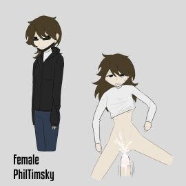 black_eyes black_hoodie blue_pants brown_hair cum female glasses gorebox hooded_coat hoodie long_hair long_sleeves male pants penis pussy rule_63 semen_on_lower_body