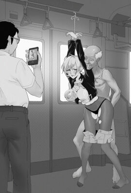 1girls 2boys alisaie_leveilleur artist_request bald breasts defeated earrings elezen elf elf_ears elf_female elf_girl female final_fantasy final_fantasy_xiv fondling fondling_breast glasses greyscale male old_male older_male older_male_and_younger_female panties pantyhose recording square_enix tied_up train train_interior undressing