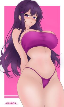 bikini breasts doki_doki_literature_club mis18art purple_eyes purple_hair thighs yuri_(doki_doki_literature_club)