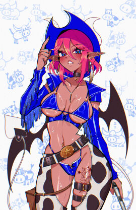 1girls arm_up bare_belly bare_chest bare_hands bare_midriff bare_navel bare_skin belly belly_button bikini bikini_bottom bikini_top black_wings blue-eyed_female blue_bikini blue_bikini_bottom blue_bikini_top blue_eyes blue_hat blue_sleeves blue_string_bikini blue_swimsuit blue_swimwear breasts brown-skinned_female brown_skin brown_skinned_female cleavage collarbone cow_print cowboy_hat crystalsugarstars curvaceous curvaceous_body curvaceous_female curvaceous_figure curvaceous_hips curvaceous_thighs curvy curvy_body curvy_female curvy_figure curvy_hips curvy_thighs demon_horn demon_horns demon_tail demon_wings dot_nose ear_piercing earrings exposed_belly exposed_chest exposed_midriff exposed_navel exposed_skin female female_only fingernails fingers groin hair_between_eyes hand_up hat high_resolution highres hollow_shine horn horns hourglass_figure large_breasts lean_figure legs lilith_(crystalsugarstars) lips looking_at_viewer medium_hair midriff mole mole_on_breast narrow_waist navel original original_art original_artwork original_character pierced_ear pierced_ears pink-haired_female pink_eyebrows pink_hair shoulders simple_background sleeves slender_body slender_waist slim_female slim_waist smooth_skin solo standing string_bikini swimsuit swimwear tail tattoo tattoo_on_thigh thick_thighs thighs thin_waist upper_body v-line white_background white_horn white_horns white_tail white_wings wide_hips wings