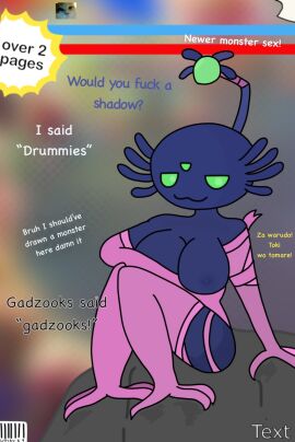 1monster :3 antennae_(anatomy) anthro artist_name big_blue_bubble big_breasts breasts dark_body english_text ethereal_monster ethereal_workshop female green_eyes half-closed_eyes looking_at_viewer magazine_cover meme_in_the_background monster multi_eye my_singing_monsters pentumbra respirationv sitting solo swiss_(my_singing_monsters) tagme text traced unusual_anatomy