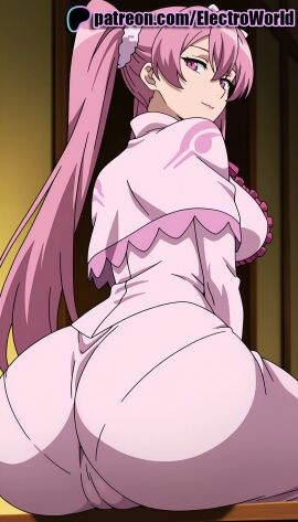 1girls 2025 ai_generated akame_ga_kill! artist_name ass electroworld female hi_res high_quality high_resolution highres long_hair looking_at_viewer looking_back mine_(akame_ga_kill!) patreon patreon_username pillow pink_eyes pink_hair smile solo stable_diffusion watermark