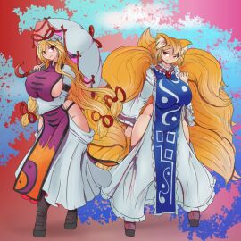 2girls 9_tails big_breasts blonde blonde_female blonde_hair boob_window breasts curvy curvy_body curvy_female curvy_figure duo female fox fox_ears fox_girl fox_tail greenm kitsune multi_tail ran_yakumo thick_thighs thigh_window thighs touhou voluptuous voluptuous_female yakumo_ran yakumo_yukari yukari_yakumo