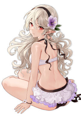 1girls absurdres alternate_costume ass bare_shoulders big_ass bikini black_hairband breasts corrin_(fire_emblem) corrin_(fire_emblem)_(female) female female_only fire_emblem fire_emblem_fates fire_emblem_heroes flower grey_hair hair_flower hair_ornament hairband haru_(nakajou-28) highres long_hair nintendo official_alternate_costume pointy_ears purple_flower red_eyes redrawn sitting small_breasts solo swimsuit thighs very_long_hair white_bikini white_swimsuit