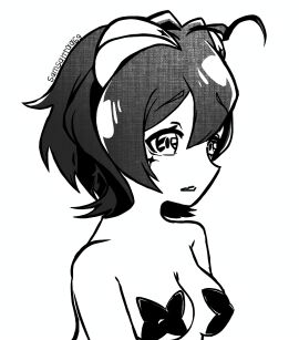 1girls ahoge bare_shoulders black_and_white breastless breasts cleavage cross cross_facial_mark digital_media_(artwork) face_markings female female_focus female_only forward_facing_horns gushing_over_magical_girls half_body highres hiiragi_utena horns light-skinned_female light_skin looking_at_viewer magia_baiser mahou_shoujo_ni_akogarete neutral_expression pasties samsarrraa69 short_hair solo star_pasties star_symbol text turned_head white_background young