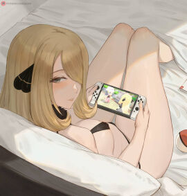 1girls bed bikini black_bikini black_swimsuit blonde_hair breasts curvy cynthia_(pokemon) dawn_(pokemon) female fur_collar grey_eyes hair_ornament hair_over_one_eye holding_nintendo_switch large_breasts long_hair looking_at_viewer lsls milf nintendo nintendo_switch pillow pokeball pokemon pokemon_bdsp pokemon_dppt sitting_on_bed skimpy swimsuit thick_thighs video_games wide_hips
