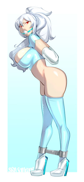 armbinder arms_behind_back ass ball_gag bondage bound bound_arms boxbinder breasts female female_only femsub gag gagged high_heels large_ass large_breasts light-skinned_female light_skin ponytail red_eyes spreader_bar tagme visi visi_(amorincorporate) white_hair