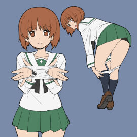 1girls :o bent_over black_legwear black_neckerchief blouse brown_eyes brown_footwear brown_hair closed_mouth commentary female girls_und_panzer green_skirt highres holding holding_panties holding_underwear holding_unworn_clothes loafers long_sleeves looking_at_viewer looking_back miniskirt multiple_views neckerchief nishizumi_miho onsen_tamago_(hs_egg) ooarai_school_uniform open_mouth panties panty_pull pleated_skirt presenting_removed_panties pulling_own_clothes sailor_collar school_uniform serafuku shirt shoes short_hair simple_background skirt smile socks standing underwear white_panties white_sailor_collar white_shirt