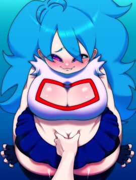 :3 bbw belly belly_bulge big_breasts blue_hair blush blushing breasts chubby chubby_female cleavage female fingerless_gloves friday_night_funkin friday_night_funkin_mod pinkbobatoo pov skiddioop skyblue skyblue_(friday_night_funkin) skyverse squishy_belly stereodaddy thick_thighs