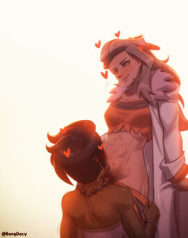 2girls abs artist_name bangdacy black_hair blue_eyes blush bottomless bracelet color earrings female female_pubic_hair game_freak gradient_background grey_hair heart highres imminent_cunnilingus imminent_sex kiss_mark kissing_abs kneeling kneeling_oral_position labcoat lighting lipstick_mark lipstick_marks long_hair looking_at_another muscular muscular_female necklace nintendo no_panties olivia_(pokemon) pants_down pants_pull partially_clothed pokemon pokemon_sm pokemon_sv professor_sada_(pokemon) pubic_hair romantic romantic_couple short_hair smile undressing undressing_another unseen_female_face visible_breath watermark yuri