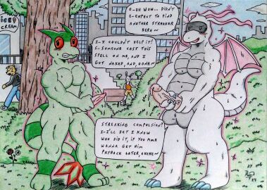 2024 3_fingers anthro athletic athletic_anthro athletic_male balls bara bench biceps big_balls blush blush_lines bodily_fluids building city city_background cityscape claws cum dashthefox dialogue dragon dragonite dripping english_text feet fingers flygon game_freak generation_1_pokemon generation_3_pokemon genital_fluids genitals grass green_body hi_res humanoid_genitalia humanoid_penis knot leaking_precum magic male male_only markings masculine_male masturbation membrane_(anatomy) membranous_wings multicolored_body musclegut muscular muscular_anthro muscular_male mythological_creature mythological_scalie mythology nails naughty_face nintendo nude outdoor_nudity outside panazel_maria park park_bench pecs penile penile_masturbation penis pink_penis plant pokemon pokemon_(species) precum precum_drip public public_masturbation public_nudity scalie sharp_nails sharp_toenails speech_bubble spell spread_wings striped_markings striped_tail stripes sweat sweatdrop tail tail_markings text thick_penis thick_tail toenails toes traditional_media_(artwork) tree vein veiny_penis vr_headset white_body wings worried worried_face worried_look yaoi