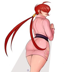 1girls big_ass fat_ass from_behind king_of_fighters light-skinned_female light_skin long_hair pale_skin ponytail red_hair shermie_(kof) skirt standing thick thick_ass thick_thighs twintails
