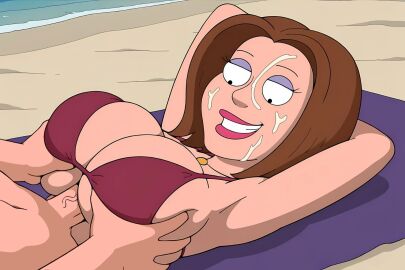 1girls after_ejaculation armpit_pose armpits beach beach_towel big_breasts bikini_top bra breasts brown_hair cum cum_on_face cumshot family_guy female gretchen_mercer lipstick not_ai_generated ocean paizuri sex straight_sex