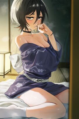 1girls absurdres bare_legs black_choker black_hair black_nails bleach blush bracelet breasts choker cleavage commentary english_commentary female hair_between_eyes highres indoors japanese_clothes jewelry kimono kuchiki_rukia legs looking_at_viewer no_shoes off_shoulder print_kimono purple_eyes purple_kimono short_hair sitting small_breasts socks solo steaming_body sweat tatami thighs waligner wariza white_socks