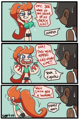 3_panel_comic 3koma bike_shorts blightstar blue_eyes breasts canon_couple chocolate_and_vanilla comic crop_top cute dark_skin dialogue emily_(blightstar) english_text fake_breasts female fruit fully_clothed ginger humor jess_(blightstar) light_skin long_hair open_mouth original over_the_shoulder ponytail presenting_breasts short_hair smile standing stuffed_bra sweat teasing walking_away wholesome