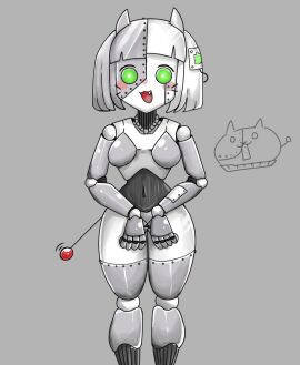 1girls big_breasts bowl_cut breasts dog_ears doge_(the_battle_cats) female green_eyes metal metal_doge metallic_body one_tooth_visible robot_girl robot_humanoid sharp_tooth tail the_battle_cats thick_thighs