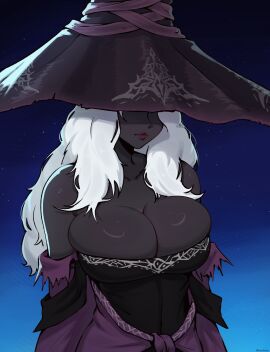 1girls bare_shoulders big_breasts breasts busty cleavage dark-skinned_female dark_skin elden_ring elden_ring_nightreign fat_tits female female_only fromsoftware haolksou huge_breasts large_breasts milf recluse_(nightreign) white_hair witch witch_hat