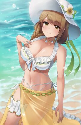 1girls alternate_costume bare_shoulders beach bikini braid braided_ponytail breasts brown_hair cleavage closed_mouth doiparuni female female_only fire_emblem fire_emblem_engage fire_emblem_heroes flower frilled_bikini frills goldmary_(fire_emblem) hair_ribbon hat hat_flower highres large_breasts long_hair low_ponytail navel nintendo ocean official_alternate_costume ribbon sarong see-through smile solo sun_hat swimsuit white_bikini white_hat white_ribbon yellow_eyes yellow_sarong