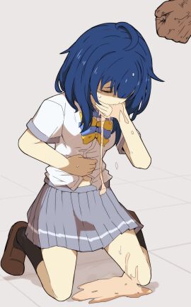 ahoge black_socks blue_bow blue_bowtie blue_hair bow bowtie breasts brown_footwear clenched_hand closed_eyes commentary_request female grey_skirt hand_on_own_stomach highres kneeling make_heroine_ga_oo_sugiru! medium_breasts medium_hair nns_(sobchan) punched ryona school_uniform shirt skirt socks tearing_up teenage_female teenager vomit vomiting white_shirt yanami_anna yellow_bow yellow_bowtie young young_female younger_female