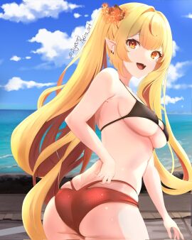 1girls 2d 2d_(artwork) alternate_costume ass ayano_akira back back_view bikini bikini_bottom bikini_top black_bikini_top blonde_hair breasts clouds day ear_piercing eternals_(idol_corp) female female_focus female_only high_resolution highres idol_corp idol_es latam_virtual_youtuber light-skinned_female light_skin long_hair long_pigtails looking_at_viewer looking_back looking_back_at_viewer medium_breasts multi-strapped_bikini ocean orange_eyes outdoors pigtails pointy_ears red_bikini_bottom red_hair ruby_runeheart sky slim_female solo solo_female solo_focus standing summer swimsuit thong thong_bikini two-tone_hair two_piece_swimsuit virtual_youtuber vtuber vtuberfanart young younger_female