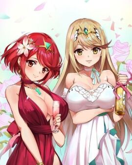 dress female mythra mythra_(xenoblade) pyra pyra_(xenoblade) unknown_artist xenoblade_chronicles_2