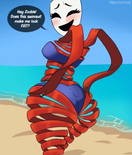 :d artist_name ass back_view beach bra breasts clothing detailed_background dialogue english_text female gangle_(tadc) gangle_(the_amazing_digital_circus) gangle_with_thick_ribbons glitch_productions happy high_resolution highres huge_ass looking_at_viewer looking_back necronnus rear_view red_ribbon sand sky smile solo standing swimsuit tadc text the_amazing_digital_circus thicc thick_ass white_mask