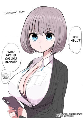 black_bra black_cardigan blue_eyes bob_cut botsuko-chan_(zurikishi) bra breasts cardigan cellphone cleavage female grey_hair highres holding holding_phone huge_breasts original phone pink_nails see-through_clothes see-through_shirt shirt short_hair smartphone solo translated underwear white_shirt zurikishi