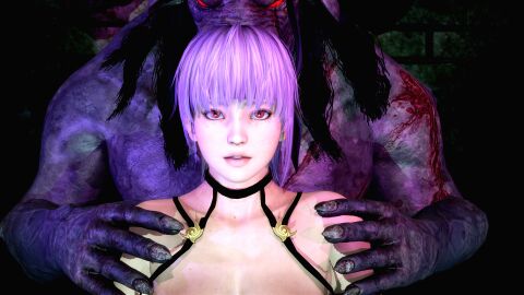 3d ayane_(doa) dead_by_daylight dead_or_alive female hands holding male male/female minotaur monster monster_on_female purple_hair red_eyes straight the_oni_(dbd) trapped ublik