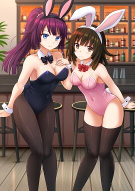 armpits ass_visible_through_thighs bar bare_arms bare_shoulders belly_button_visible_through_clothing big_breasts blue_eyes blush breasts brown_eyes brown_hair brown_thighhighs bunny_ears bunnysuit cleavage closed_mouth detached_collar female hand_on_own_chest kazenokaze leotard long_hair medium_breasts monogatari_(series) pantyhose pink_leotard ponytail purple_hair sengoku_nadeko senjougahara_hitagi short_hair sideboob smile strapless strapless_leotard thighhighs thighs wrist_cuffs zettai_ryouiki