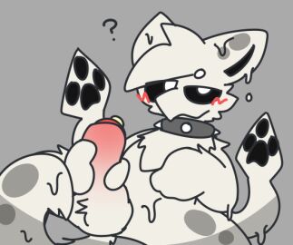 anthro balls black_sclera blush blush_lines bodily_fluids canid canine canis cephalopod changed_(video_game) coleoid collar confusion decapodiform digital_media_(artwork) domestic_dog flufpan fur genital_fluids genitals goo_creature hybrid latex living_latex looking_at_viewer lying male male_focus male_only mammal marine masturbation mollusk on_back penis pissing precum pupils question_mark questioning simple_background solo solo_focus spiked_collar spikes squid squid_dog_(changed) tail tentacle white_body white_fur white_pupils