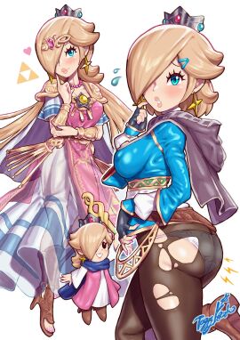 1girls a_link_between_worlds armwear ass big_ass big_breasts big_lips black_pants blonde_hair blue_eyes blue_shirt blush bracelet breasts breath_of_the_wild capelet chibi cosplay crown dress ear_piercing earrings echoes_of_wisdom female female_only footwear gloves hair hair_over_one_eye handwear headwear heart lips long_hair mario_(series) multiple_outfits nail_polish nails neckwear nintendo panties pants pearl_necklace pink_nails princess_rosalina princess_zelda_(cosplay) purple_nail_polish purple_nails ripped_pants sandals shirt short_hair sideboob smile staff the_legend_of_zelda thick_lips tri_rod triforce white_background white_dress white_panties yamino_ekakinin zelda_(a_link_between_worlds)_(cosplay) zelda_(breath_of_the_wild)_(cosplay) zelda_(echoes_of_wisdom)_(cosplay)