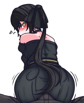 1boy1girl 2025 ass black_hair blush butt buttjob clothed dandelion_(girls'_frontline) female girls'_frontline girls'_frontline_2:_exilium imminent_sex looking_back male penis simple_background sitting_on_penis thatpervtako_(shinki93) white_background yellow_eyes