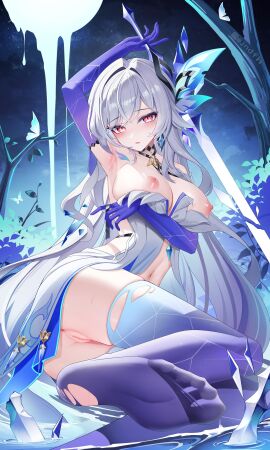 absurdres anus arm_under_breasts armpits ass blush breasts censored dress feet female genshin_impact gloves gradient_gloves gradient_thighhighs highres holding holding_sword holding_weapon jndfh large_breasts long_hair looking_at_viewer mosaic_censoring navel night night_sky nipples no_shoes open_mouth parted_lips purple_gloves purple_thighhighs pussy sitting skirk_(genshin_impact) sky solo stomach sword thighhighs weapon white_dress white_hair yokozuwari