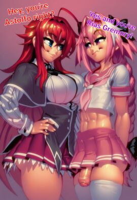 1boy 1girls ai_generated astolfo_(fate) bare_legs bare_thighs big_breasts big_penis blush clothed clothing color english_text fate/grand_order fate_(series) female femboy femboy_on_female gigiti hi_res high_school_dxd large_breasts light-skinned_female light_skin long_hair male male/female pink_hair red_hair rias_gremory text thick_thighs