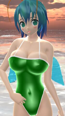 1girls 2023 3d adult_female antennae_(anatomy) beach belly_button blue_eyes blush breasts cleavage clouds female firefly green_swimsuit hati_yukkuri_mmd hips insect_wings light-skinned_female light_skin looking_at_viewer mmd outdoors short-haired_female sky solo_female solo_focus sunset swimsuit teal_hair touhou waist water wings wriggle_nightbug youkai