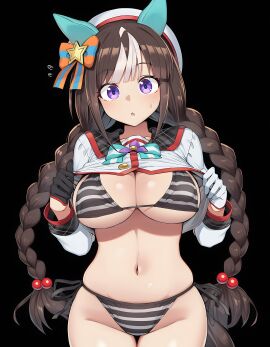 ai_generated animal_ears bikini colorful_ribbon costume curly_hair female flat_cap hokko_tarumae_(umamusume) horse_girl idol outfit purple_eyes striped_bikini twintails two_tone_hair umamusume umamusume_pretty_derby
